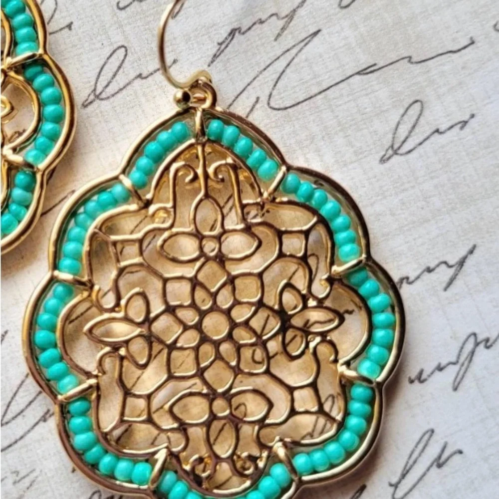 Floral Demask Gold Earrings,Statement Earrings, Filigree, Teal Beaded Earrings, - Picture 4 of 5